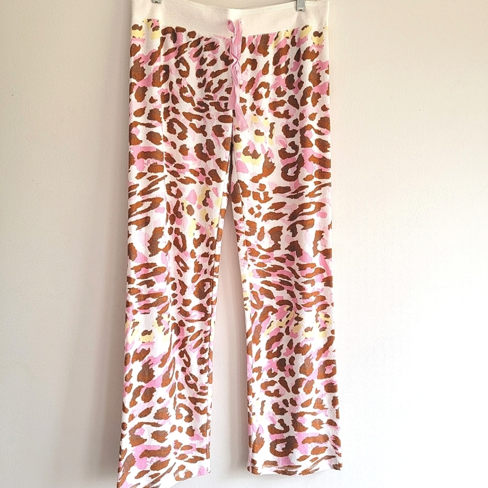 PJ Salvage Pink Leopard Print Bamboo Blend Terry Cloth Pants Beach Lounge Medium